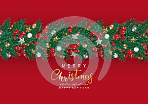 Christmas garland decor longitudinal with pine tree, red berries, Christmas balls, and text Merry Christmas and Happy new year.