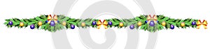 Christmas garland of fir branches, ribbons, Christmas balls - seamless divider, border for decorating sites, cards, banners.