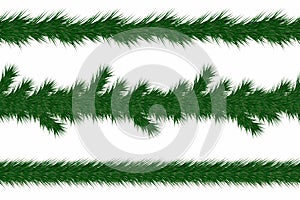 Christmas garland with fir branches. Set of green christmas tree branches borders isolated on white background