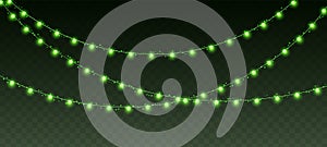 Christmas garland, glowing green light bulbs string. Vector event decoration.