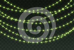 Christmas garland, glowing green light bulbs string. Vector event decoration.