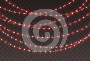 Christmas garland, glowing red light bulbs string. Vector event decoration.