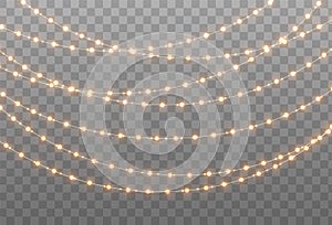 Christmas garland isolated on transparent background. Glowing yelllow light bulbs.