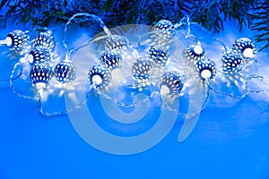 Christmas garland lights on wooden background.