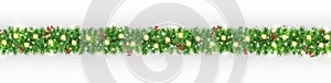 Christmas garland long banner. Green fir branches with glitter light, golden stars and red berries border. Xmas