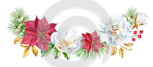 Christmas garland with poinsettia flower, pine branches and golden rose. Big horizontal arch arrangement. Watercolor