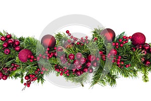 Christmas Garland with Red Berries and Baubles Isolated on White