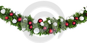 Christmas Garland with Red and Silver Baubles Isolated on White