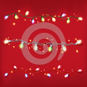 Christmas garland set. 3d light decor, new year or Xmas ornament with bulb elements isolated on red background, string