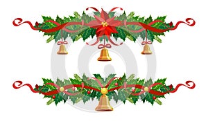 Christmas garland set with bells. Vector border, decoration for holiday cards, invitations, banners. Holly leaves, berries,