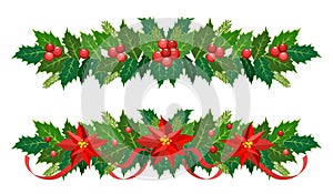 Christmas garland set. Vector border, decoration for holiday cards, invitations, banners. Holly leaves, berries, poinsettia on