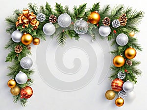 Christmas Garland with Sparkling Balls and Cones on a White Background photo