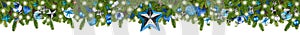 Christmas garland super wide panorama banner with fir branches blue turquoise and wooden silver stars lights and baubles xmas