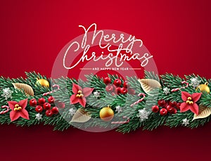 Christmas garland vector background design. Merry christmas greeting text in red space