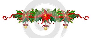 Christmas garland. Vector frame, border, decoration for holiday cards, invitations, banners. Holly leaves, Christmas star flower