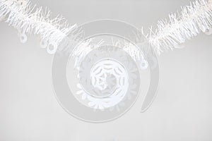 Christmas Garland on white Background. Top View of Xmas Decoration Close-Up with Text Space