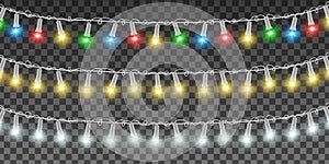 Christmas garlands, yellow, white, red, blue, green lamps with white wire.