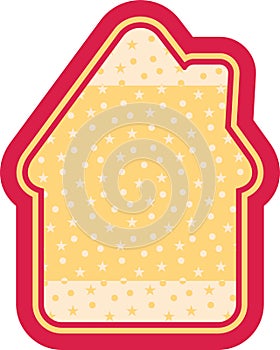 Christmas geingerbread house. Christams sticker vector illustration. Green beige pink label with snow pattern