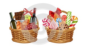 Christmas gift baskets. Realistic food packaging, grocery store festive promo presents vector illustration