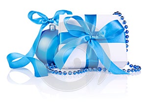 Christmas gift with Blue Ball, ribbon bow, beads