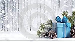 Christmas gift with blue ribbons, balls and baubles on snow covered surface.