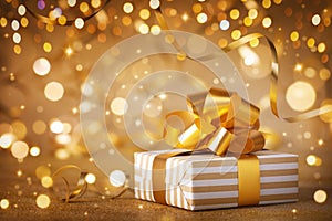 Christmas gift box against golden lights and bokeh background. Holiday greeting card