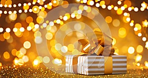 Christmas gift box against golden lights and bokeh background. Holiday greeting card