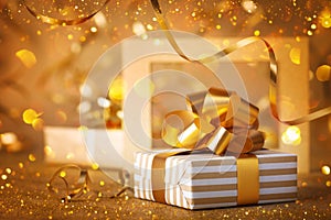 Christmas gift box against golden lights, glitter and bokeh background. Holiday greeting card