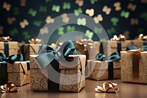 Christmas gift box against turquoise bokeh background. Holiday greeting card.