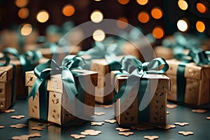 Christmas gift box against turquoise bokeh background. Holiday greeting card.