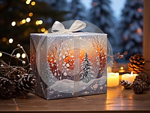 Christmas gift, box on blur festive xmas background. Winter concept. Desing for card, greeting, web