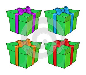 Christmas gift box cartoon element set. Green Cute xmas present tied with ribbon and bow. Vector illustration isolated on white