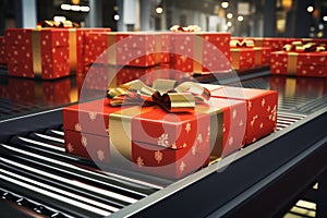 Christmas gift box in 3D rendering on a conveyor roller