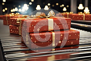 Christmas gift box in 3D rendering on a conveyor roller