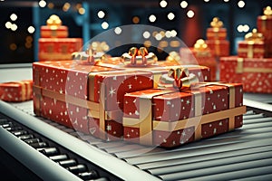 Christmas gift box in 3D rendering on a conveyor roller