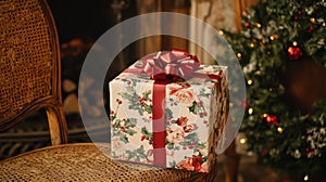 A Christmas Gift Box with Floral Wrapping Paper and a Red Bow