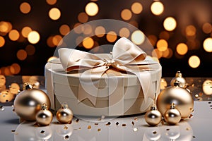 Christmas gift box with golden balls and ribbons on bokeh background