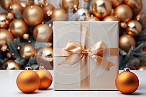 Christmas gift box with golden bow and baubles on bokeh background