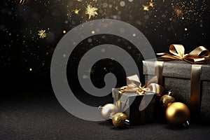 Christmas gift box with golden bow on black background. 3d rendering, Christmas background with christmas gifts decoration, AI