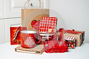 Christmas Gift box Ideas for mom, mother, woman, her. Red and brown female zero waste baking accessories, cup, socks, cosmetics,