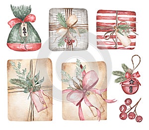 Christmas Gift Box Illustration set, Watercolor Winter Holiday Party clipart, Pine Tree decor, Cute Funny Crafting, Kids Xmas