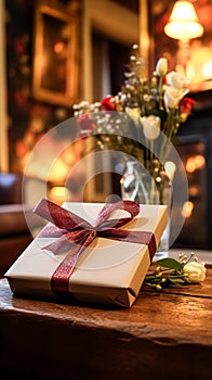 Christmas gift box near cosy fireplace in the English country cottage, winter holidays, boxing day celebration and