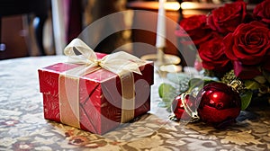 Christmas gift box near cosy fireplace in the English country cottage, winter holidays, boxing day celebration and