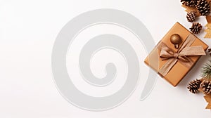 Christmas Gift Box And Pine Cone Decoration On White Background