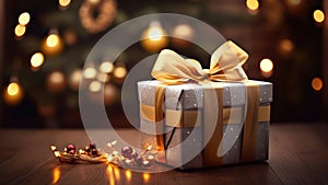 Christmas gift box or present with golden bow and ribbon, bokeh background.