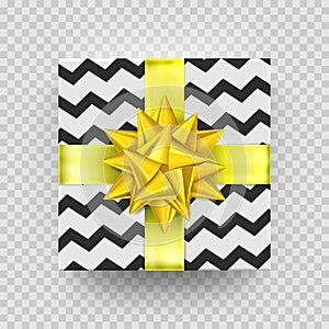 Christmas gift box or present with golden ribbon bow and wrapping paper zigzag pattern. Vector Christmas gift box on tran