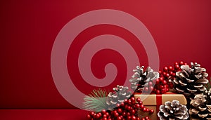 Christmas gift box with red background and pine cone decoration generated by AI