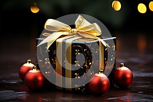 Christmas gift box with red baubles and golden bow on dark background.Generative AI