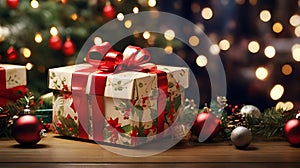 Christmas gift box with red bow on wooden table against defocused lights