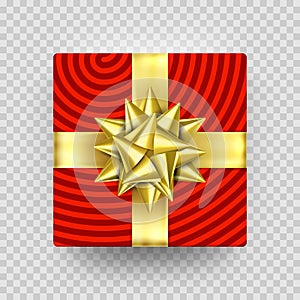 Christmas gift box red present in golden ribbon bow and wrapping paper wave pattern. Vector premium gift box isolated on transpare